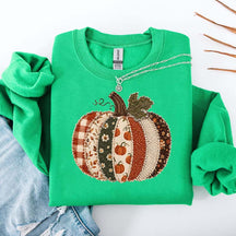 Faux Patchwork Fall Pumpkin Printed Sweatshirt