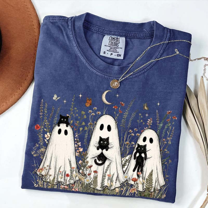 Vintage Whimsical Ghost Black Cat T-Shirt