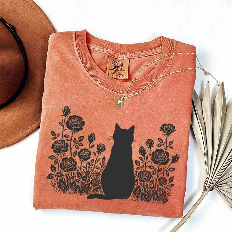Cottagecore Cat Owner Rose Black T-Shirt