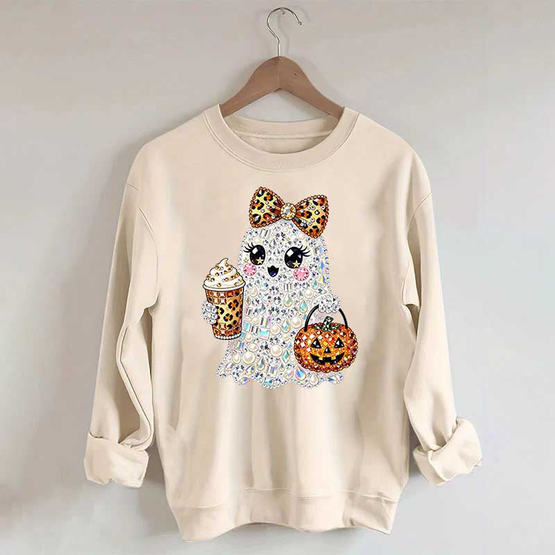 Rhinestone Glam Ghost Halloween Printed Sweatshirt