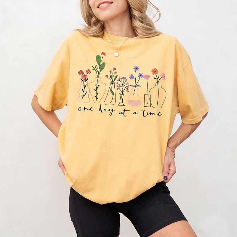One Day At a Time Motivational  Floral T-Shirt
