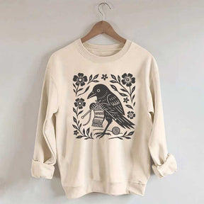 Crow Knitting Linocut Style Bird Sweatshirt