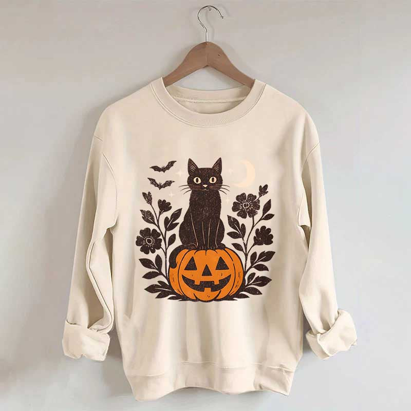 Black Cat on Pumpkin Retro Sweatshirt