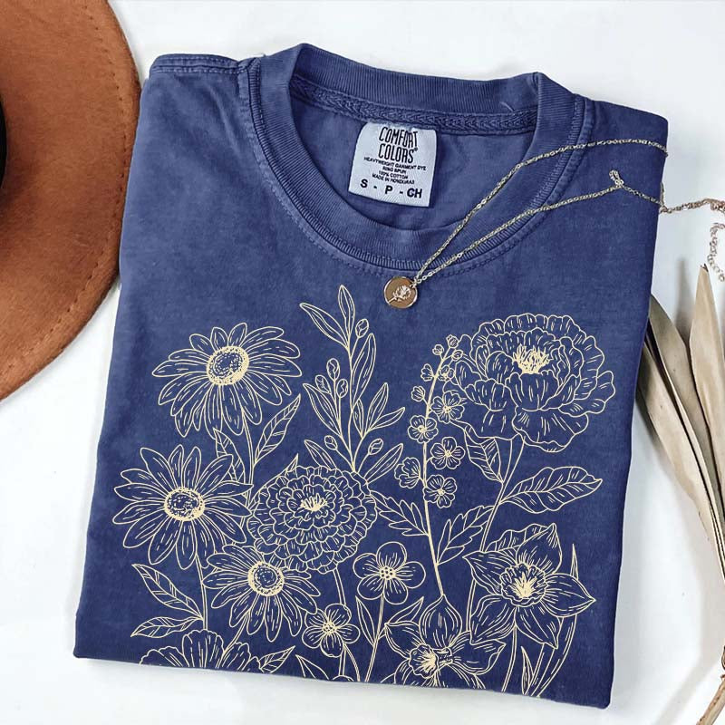 Vintage Pressed Flowers Minimalist Line T-Shirt