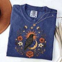 Retro Sun Crow Gothic Raven Celestial Moon Floral T-Shirt