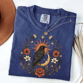 Retro Sun Crow Gothic Raven Celestial Moon Floral T-Shirt