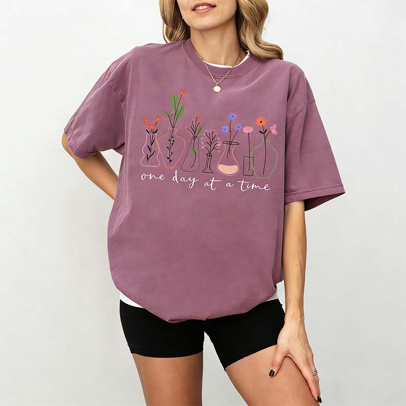 One Day At a Time Motivational  Floral T-Shirt