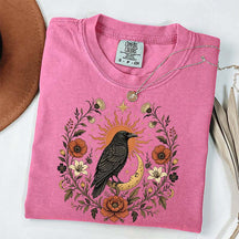 Retro Sun Crow Gothic Raven Celestial Moon Floral T-Shirt