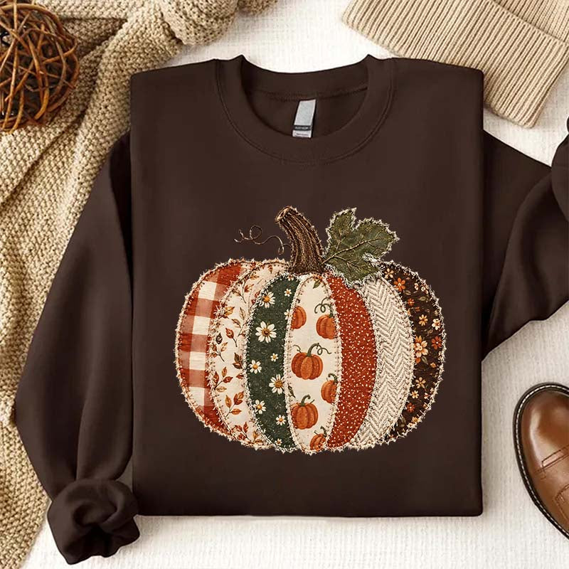 Faux Patchwork Fall Pumpkin Printed Sweatshirt
