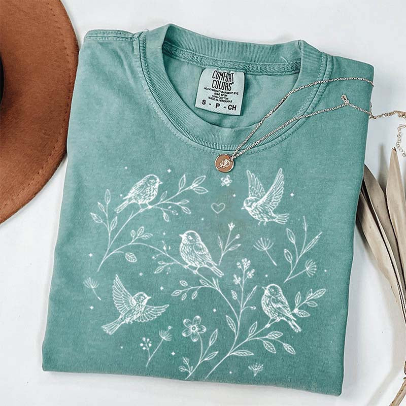 Boho Botanical Birds Sparrow T-Shirt