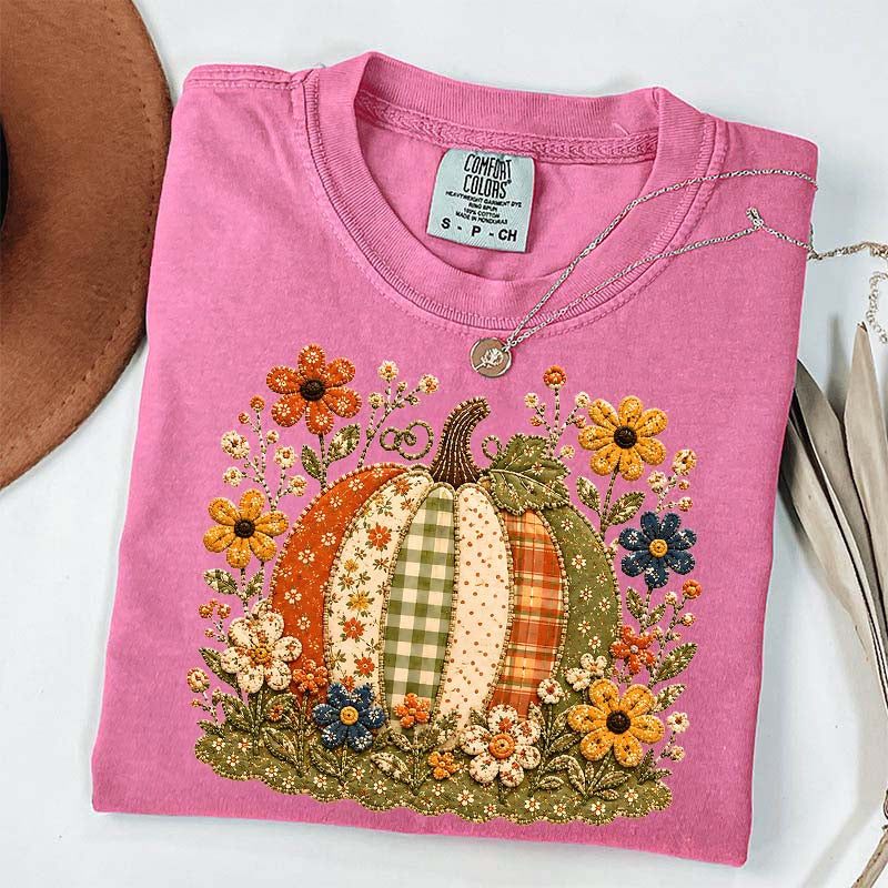 Faux Patchwork Floral Pumpkin T-Shirt
