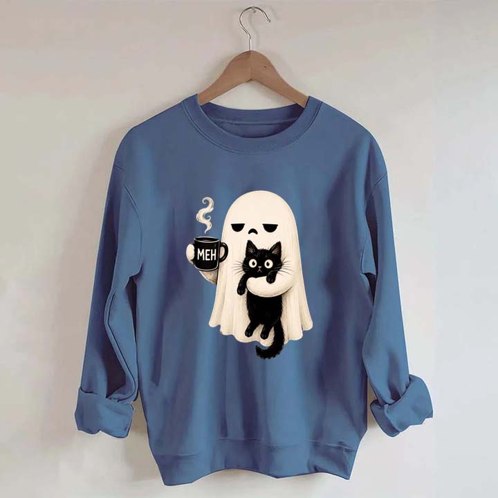 Ghost Holding Black Cat Meh Coffee Sweatshirt