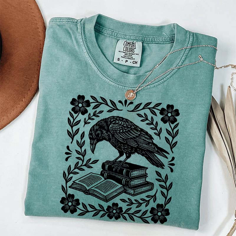 Retro Bookish Raven Linocut T-Shirt