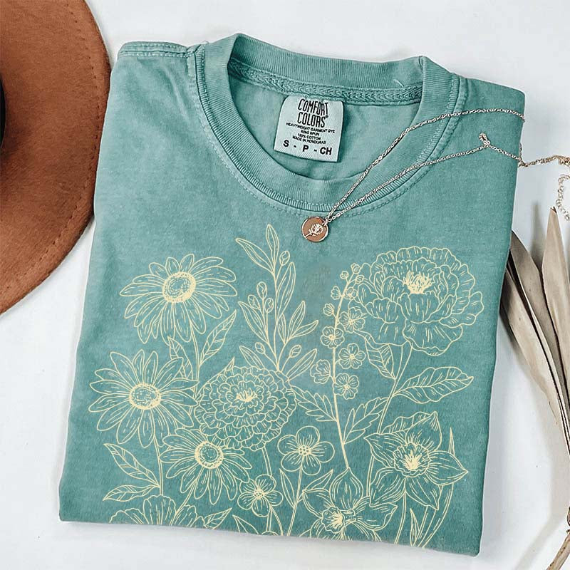 Vintage Pressed Flowers Minimalist Line T-Shirt