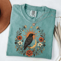 Retro Sun Crow Gothic Raven Celestial Moon Floral T-Shirt