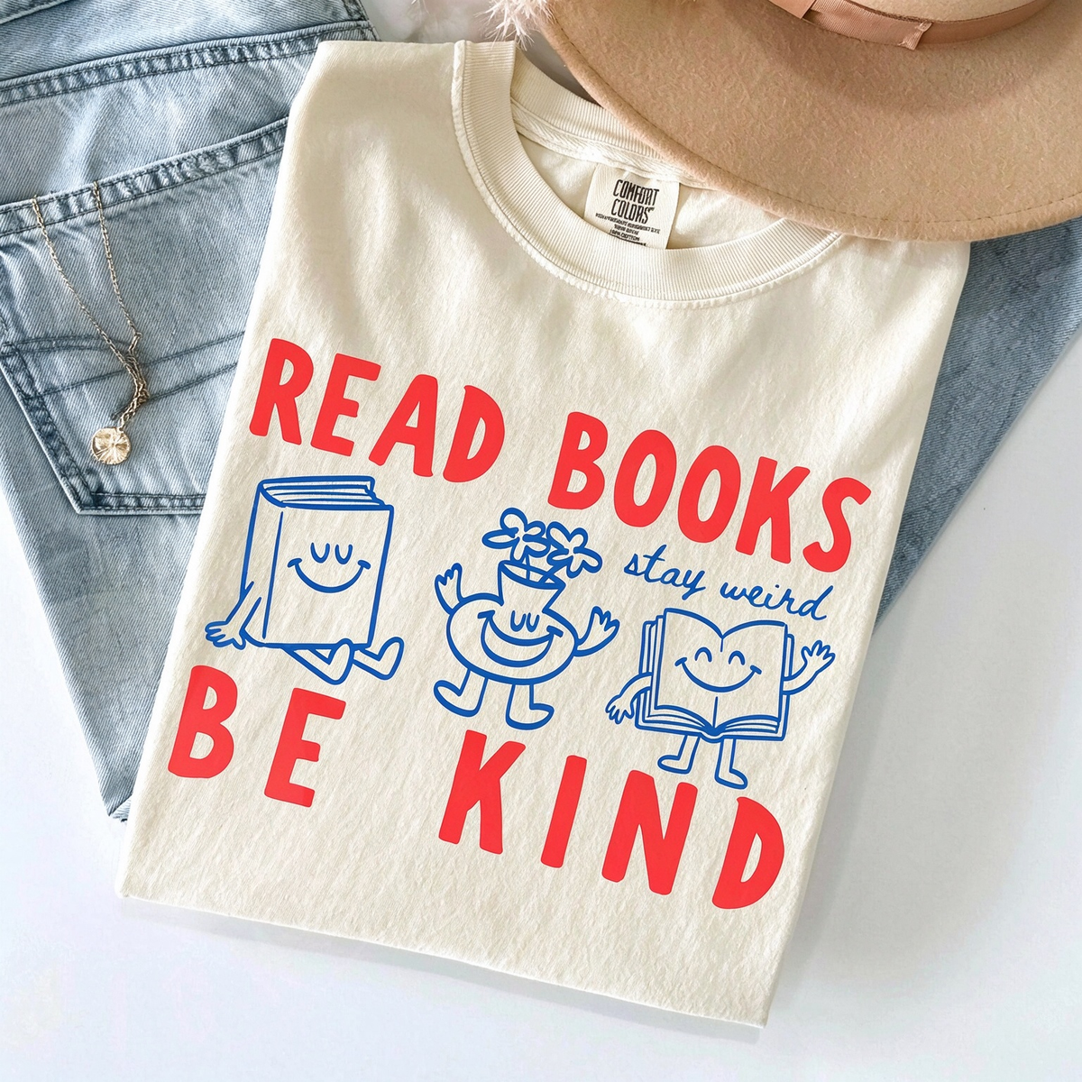 Read Books Be Kind Stay Weird Retro Doodle T-Shirt