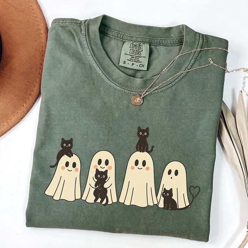 Halloween Black Cat & Ghost T-Shirt