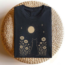 Minimalist Cat Moon Night Sky Floral T-Shirt