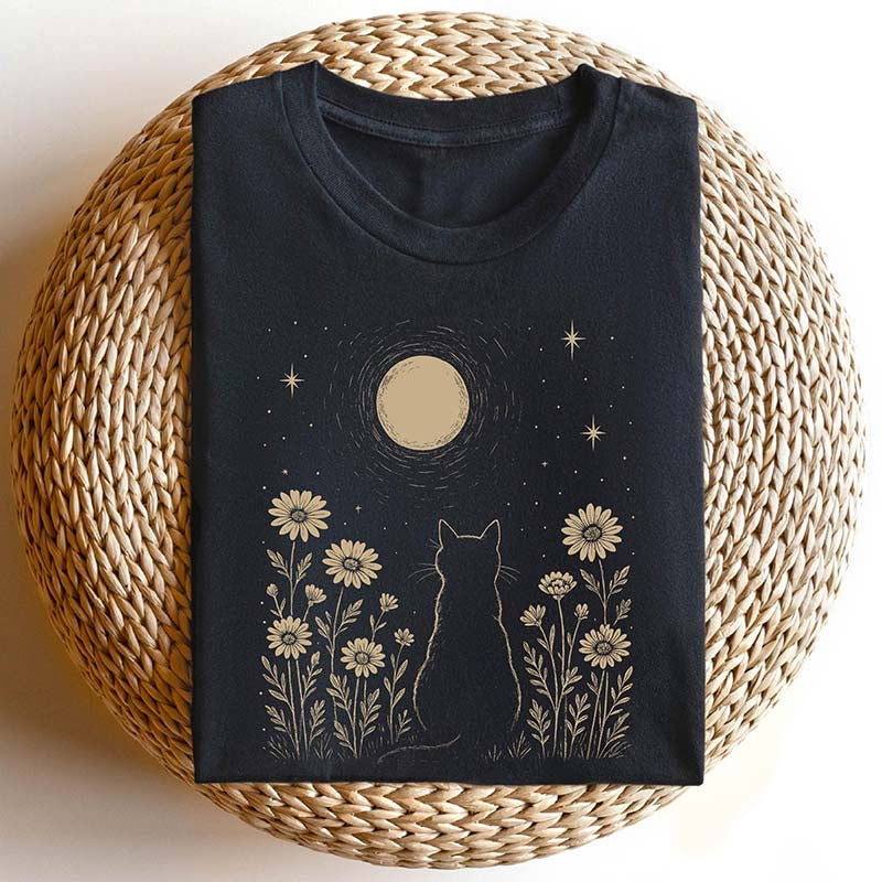 Minimalist Cat Moon Night Sky Floral T-Shirt