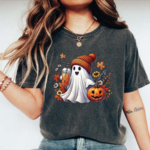 Halloween Ghost Coffee Pumpkin Flower T-Shirt