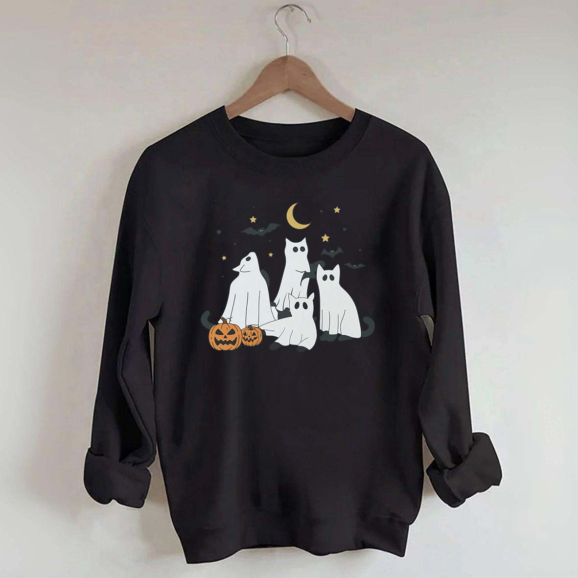 Retro Ghost Black Cat Moon Halloween Sweatshirt