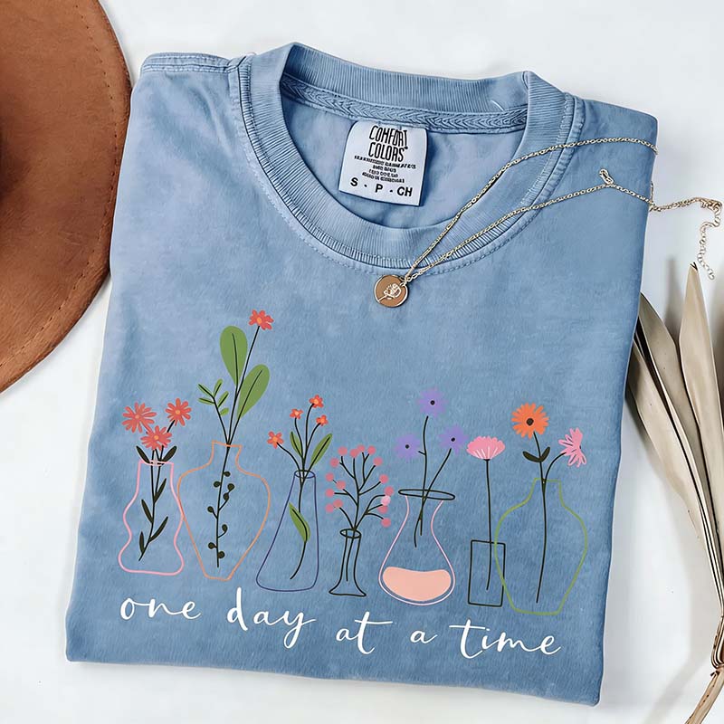 One Day At a Time Motivational  Floral T-Shirt
