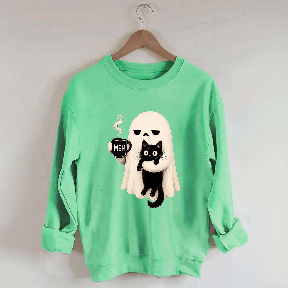 Ghost Holding Black Cat Meh Coffee Sweatshirt