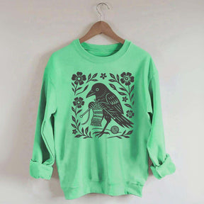Crow Knitting Linocut Style Bird Sweatshirt