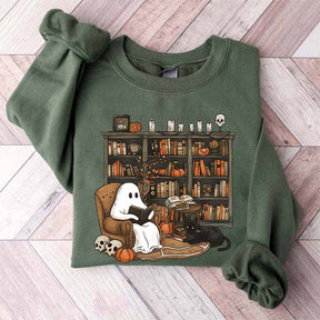 Retro Ghost Reading Books Teacher Sweatshirt