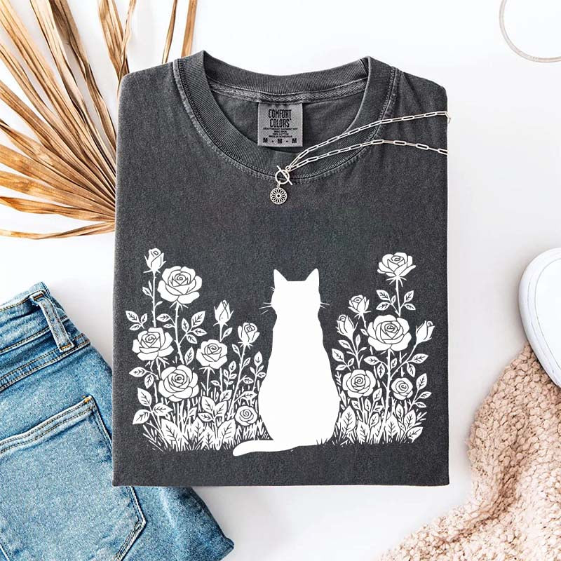 Cottagecore Cat Owner Rose Black T-Shirt