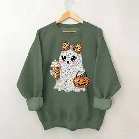 Rhinestone Glam Ghost Halloween Printed Sweatshirt