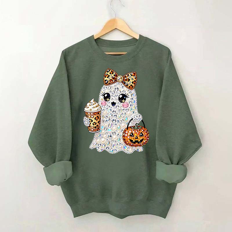 Rhinestone Glam Ghost Halloween Printed Sweatshirt