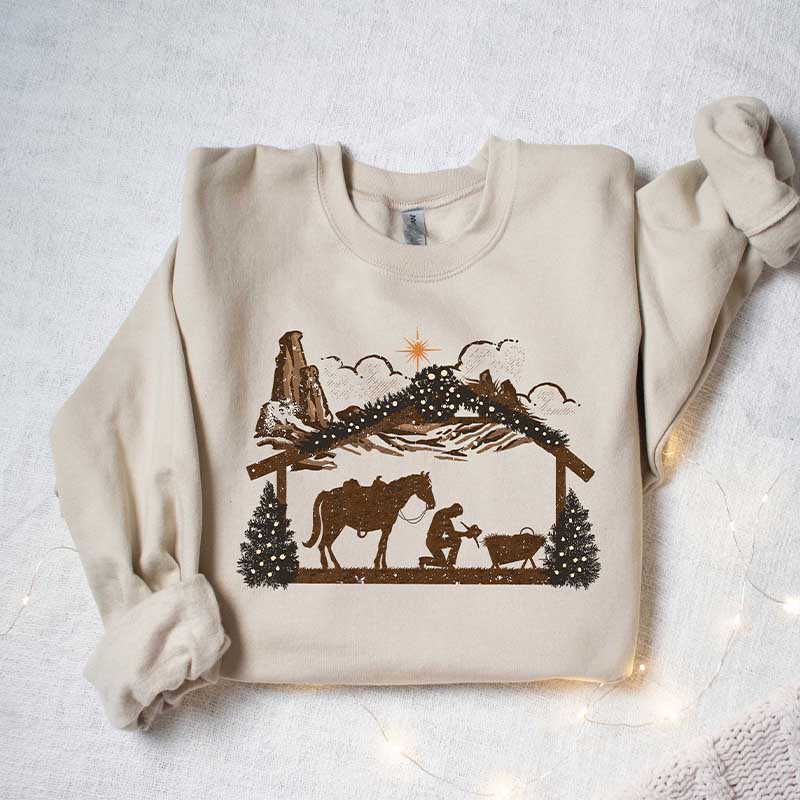 Praying Cowboy Manger Religious Western Christmas Sweatshirt