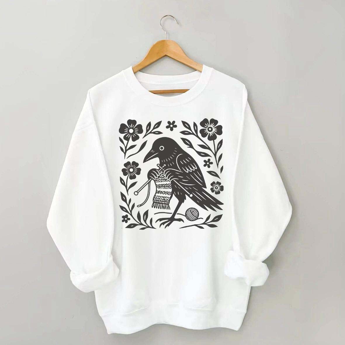 Crow Knitting Linocut Style Bird Sweatshirt