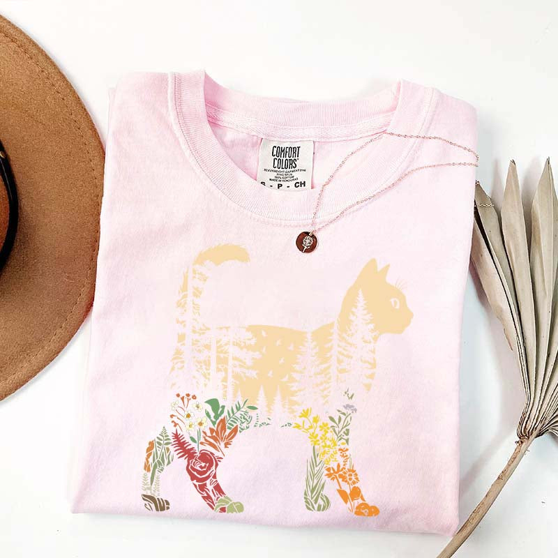 Boho Cat Plants Nature Trees Wild Flowers T-Shirt