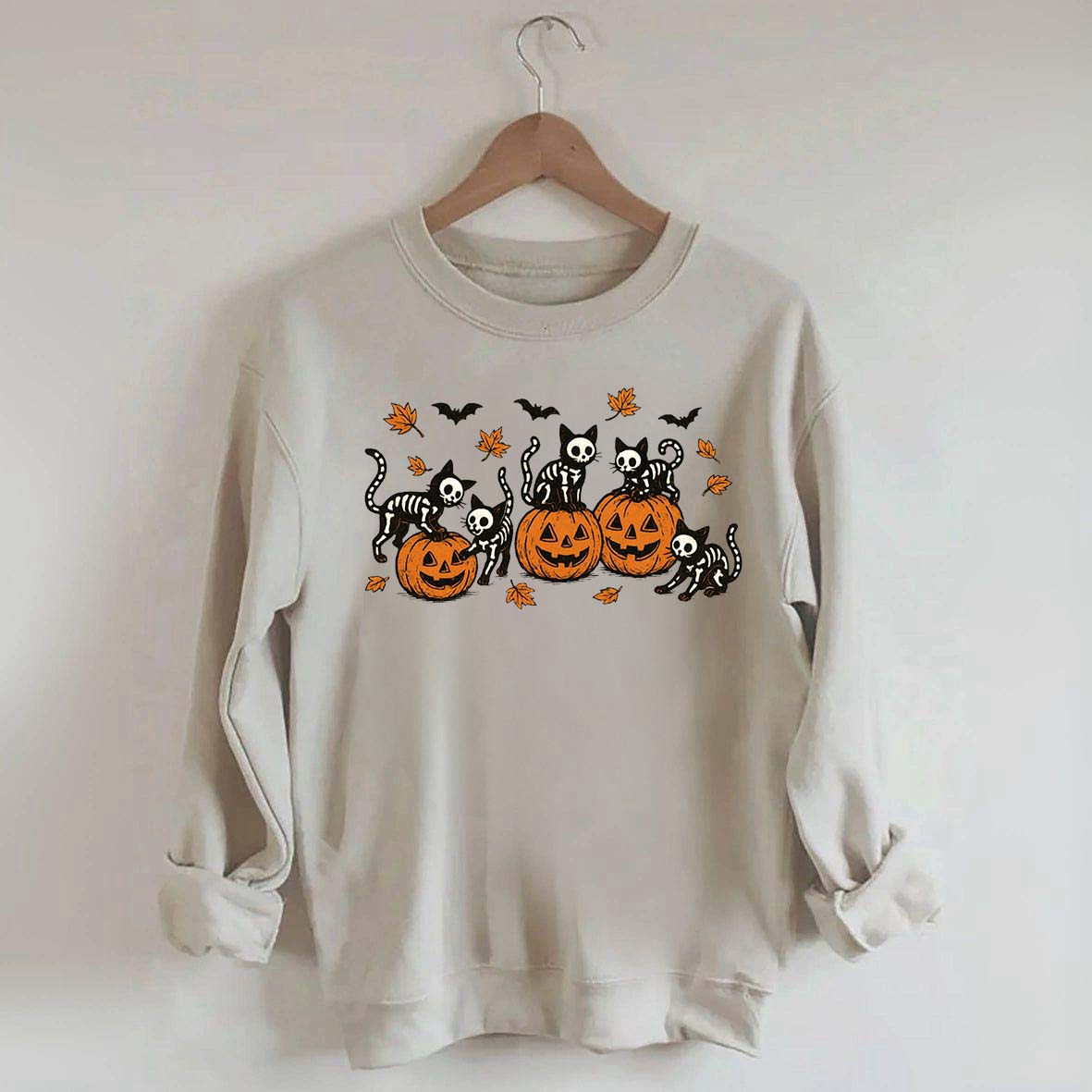 Retro Skeleton Fall Black Cat Pumpkin Sweatshirt