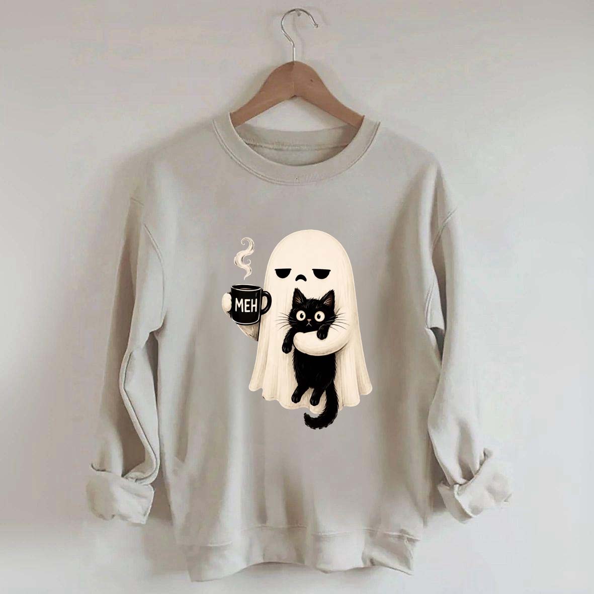 Ghost Holding Black Cat Meh Coffee Sweatshirt
