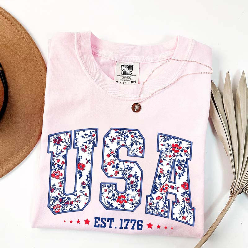 Flower USA Floral Patriotic T-Shirt