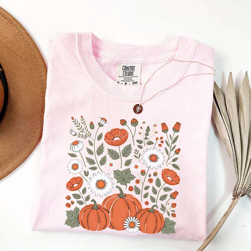 Vintage Pumpkin Floral Retro Autumn Flowers T-Shirt