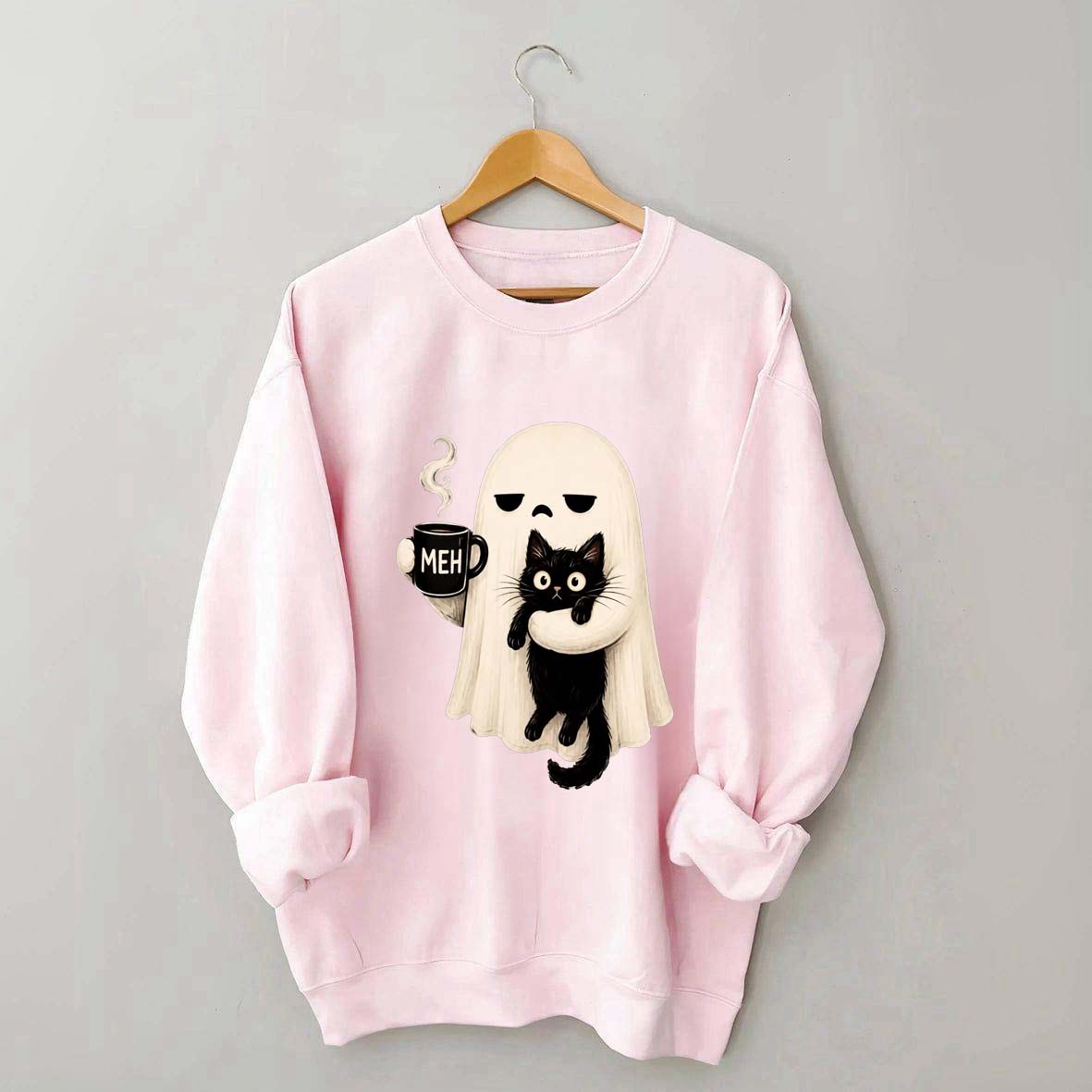 Ghost Holding Black Cat Meh Coffee Sweatshirt