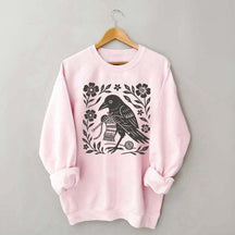Crow Knitting Linocut Style Bird Sweatshirt