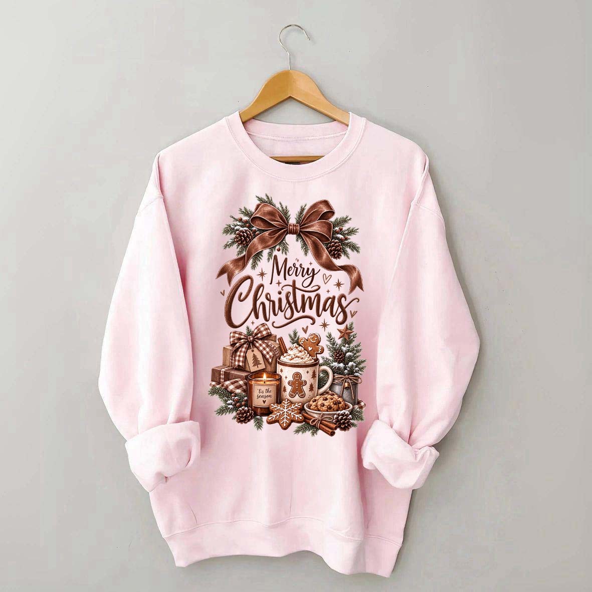 Cozy Christmas Bow Gingerbread Hot Cocoa Holiday Sweatshirt