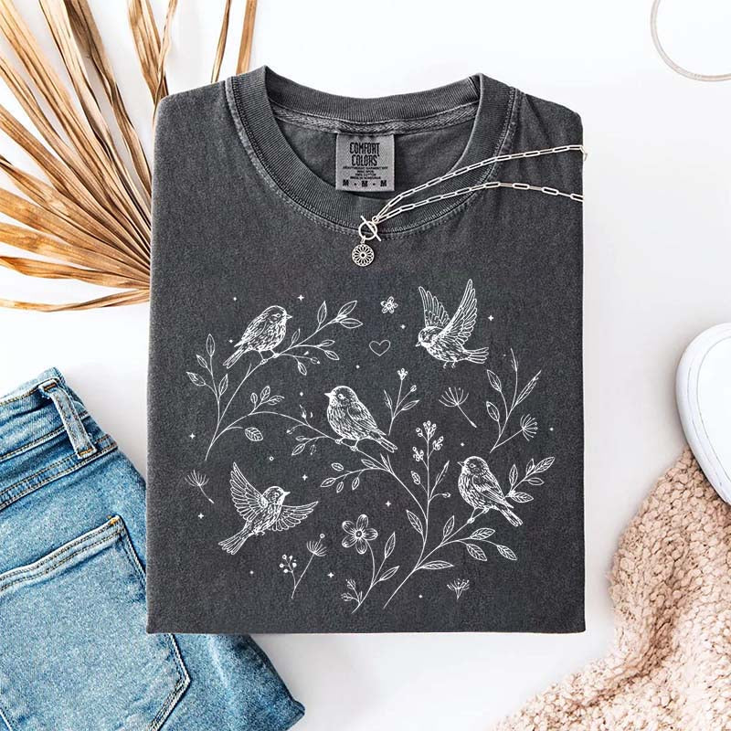 Boho Botanical Birds Sparrow T-Shirt