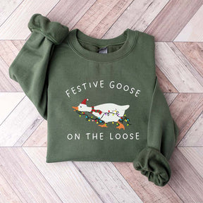 Festive Goose on the Loose Christmas Xmas Duck Sweatshirt