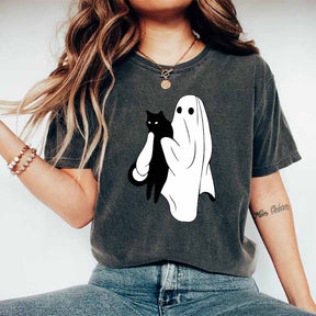 Ghost Holding Black Cat Halloween T-Shirt