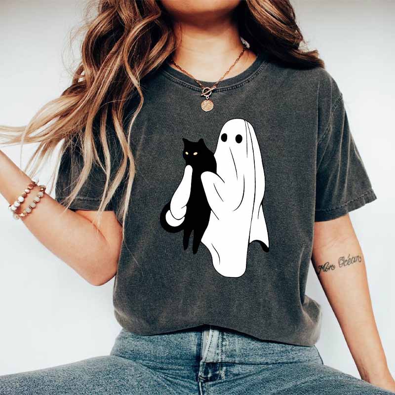 Ghost Holding Black Cat Halloween T-Shirt