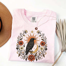 Retro Sun Crow Gothic Raven Celestial Moon Floral T-Shirt