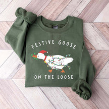 Festive Goose On The Loose Christmas Funny Sweatshirt