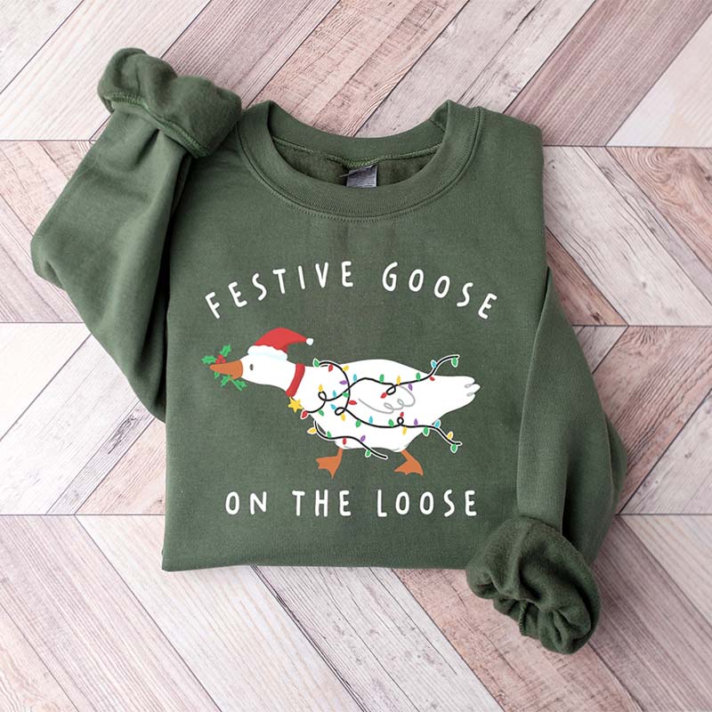 Festive Goose On The Loose Christmas Funny Sweatshirt