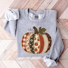 Faux Patchwork Fall Pumpkin Printed Sweatshirt